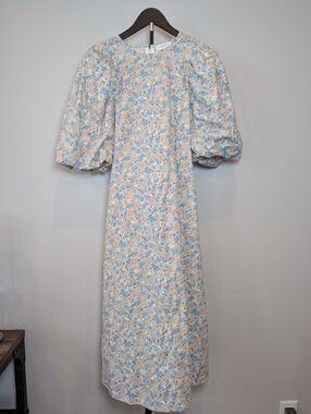 Mable Women's Size S Long Ditsy Floral Puff Sleeve Cotton Dress Whimsical